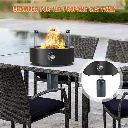 15.7" Gas Fire Pit Bottom-Mounted for Table with Umbrella Hole, FP039 Portable Smokeless Propane Fireplace with Lava Rocks & Glass Shield for Outdoor Patio Backyard Camping RV Tailgating, Round