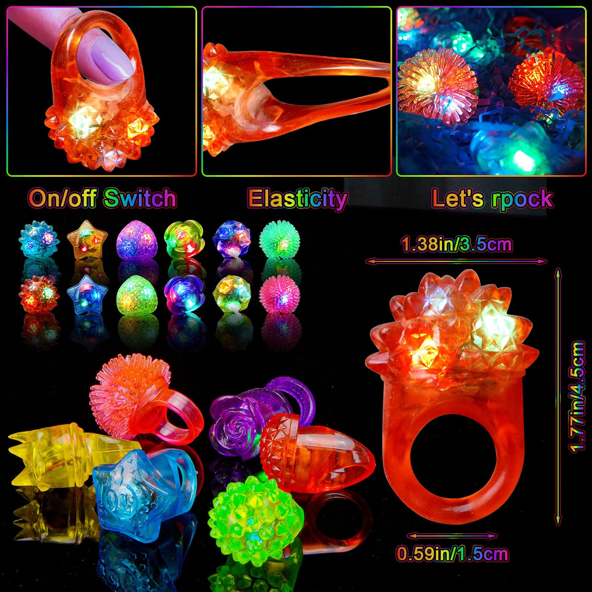 OLUPP 100-Piece Light Up Rings, LED Glow Party Rings for Kids & Adults, 6 Styles Flashing Finger Lights for Birthday, Concert, Halloween, Christmas & Events