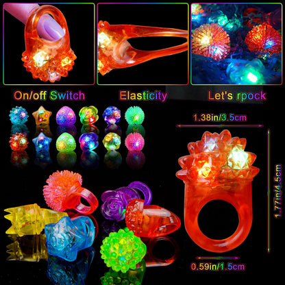 OLUPP 100-Piece Light Up Rings, LED Glow Party Rings for Kids & Adults, 6 Styles Flashing Finger Lights for Birthday, Concert, Halloween, Christmas & Events
