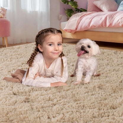 qulint Large Area Rug for Living Room 10x14, Fluffy Tan Rug for Bedroom Shag Shaggy Fuzzy Nursery Carpet, Modern Solid Rug for Boys and Girls Dorm Room Kid Room Classroom Home Decor