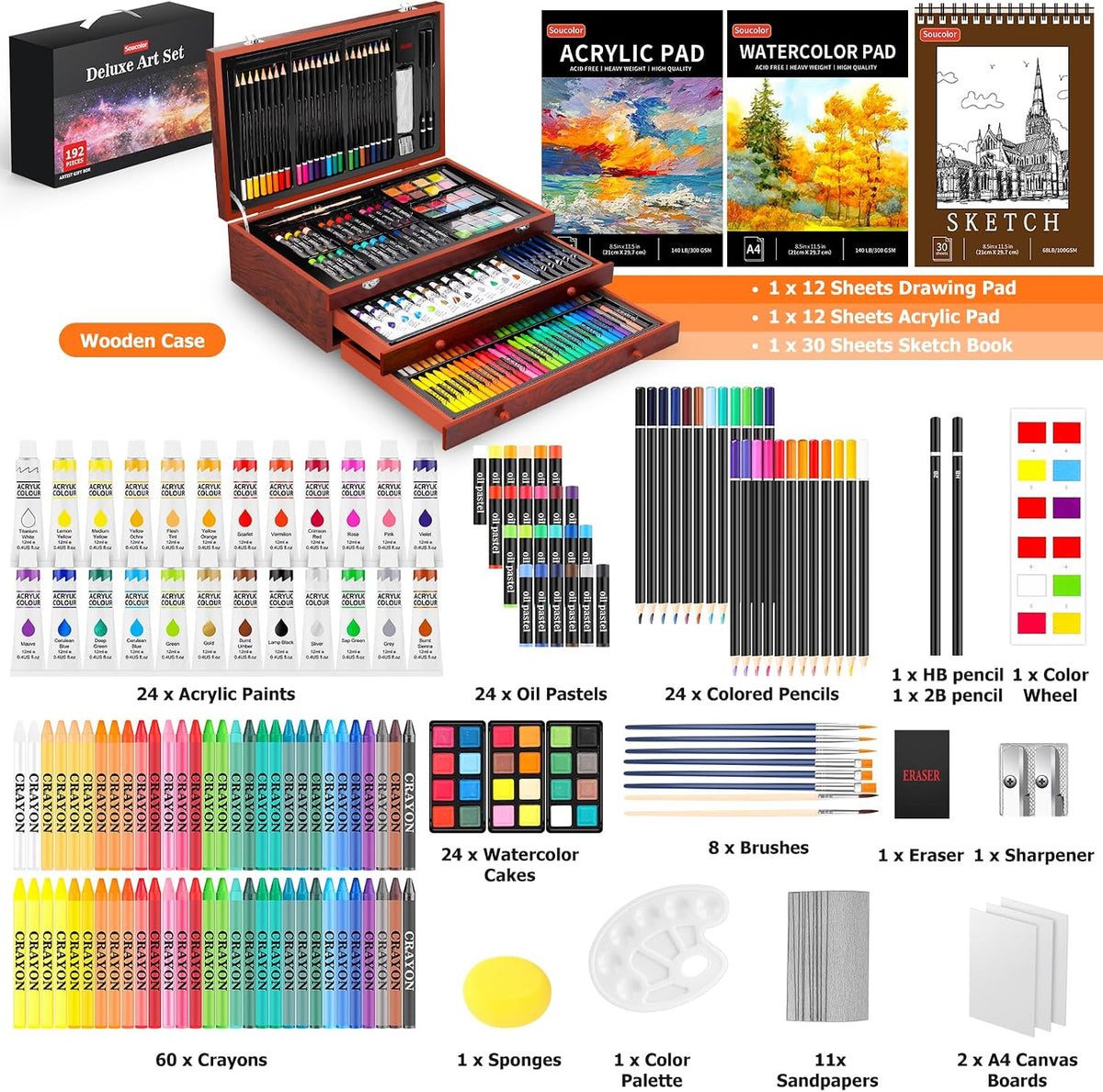 Soucolor 192-Piece Deluxe Art Set, Drawing & Painting Supplies Kit with Acrylics, Watercolors, Colored Pencils, Oil Pastels, Canvas Boards & Wooden Case for Adults & Artists