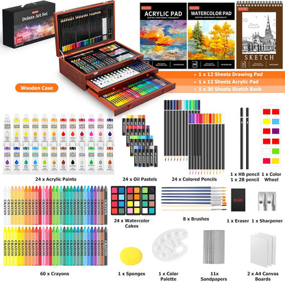 Soucolor 192-Piece Deluxe Art Set, Drawing & Painting Supplies Kit with Acrylics, Watercolors, Colored Pencils, Oil Pastels, Canvas Boards & Wooden Case for Adults & Artists