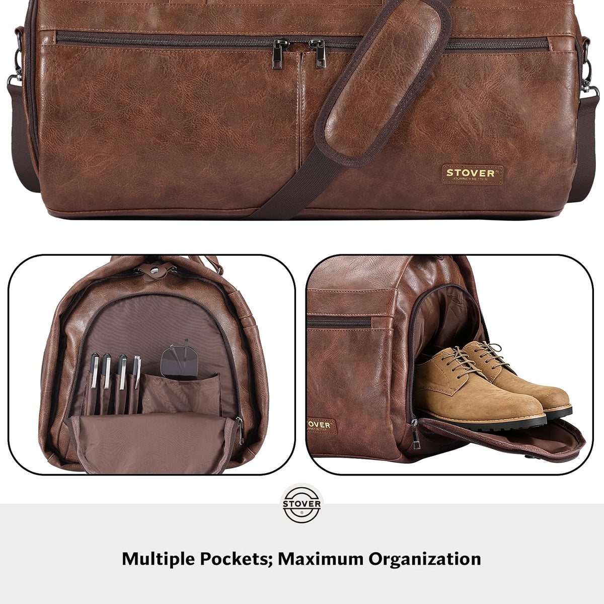 STOVER Garment Travel Duffle Bag, Large 2-in-1 Convertible Carry-On Garment Bag & Duffel with Shoe Compartment, 57L Weekender Travel Bag for Men & Women, Brown Leatherette