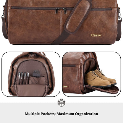 STOVER Garment Travel Duffle Bag, Large 2-in-1 Convertible Carry-On Garment Bag & Duffel with Shoe Compartment, 57L Weekender Travel Bag for Men & Women, Brown Leatherette