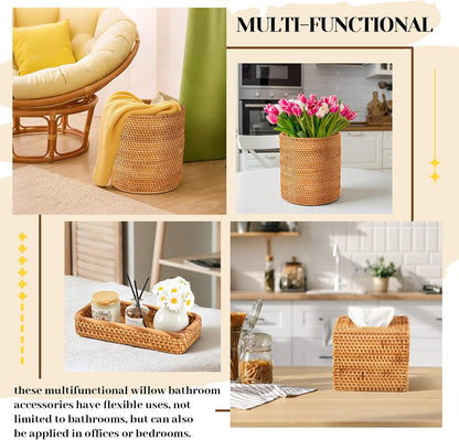 Teenyyou 3 Pcs Rattan Bathroom Accessories Set Wicker Trash Can, Natural Handwoven Trash Can Waste Paper Basket, Square Tissue Box Holder Toilet Vanity Tray, for Kitchen Office Organizer Decorative