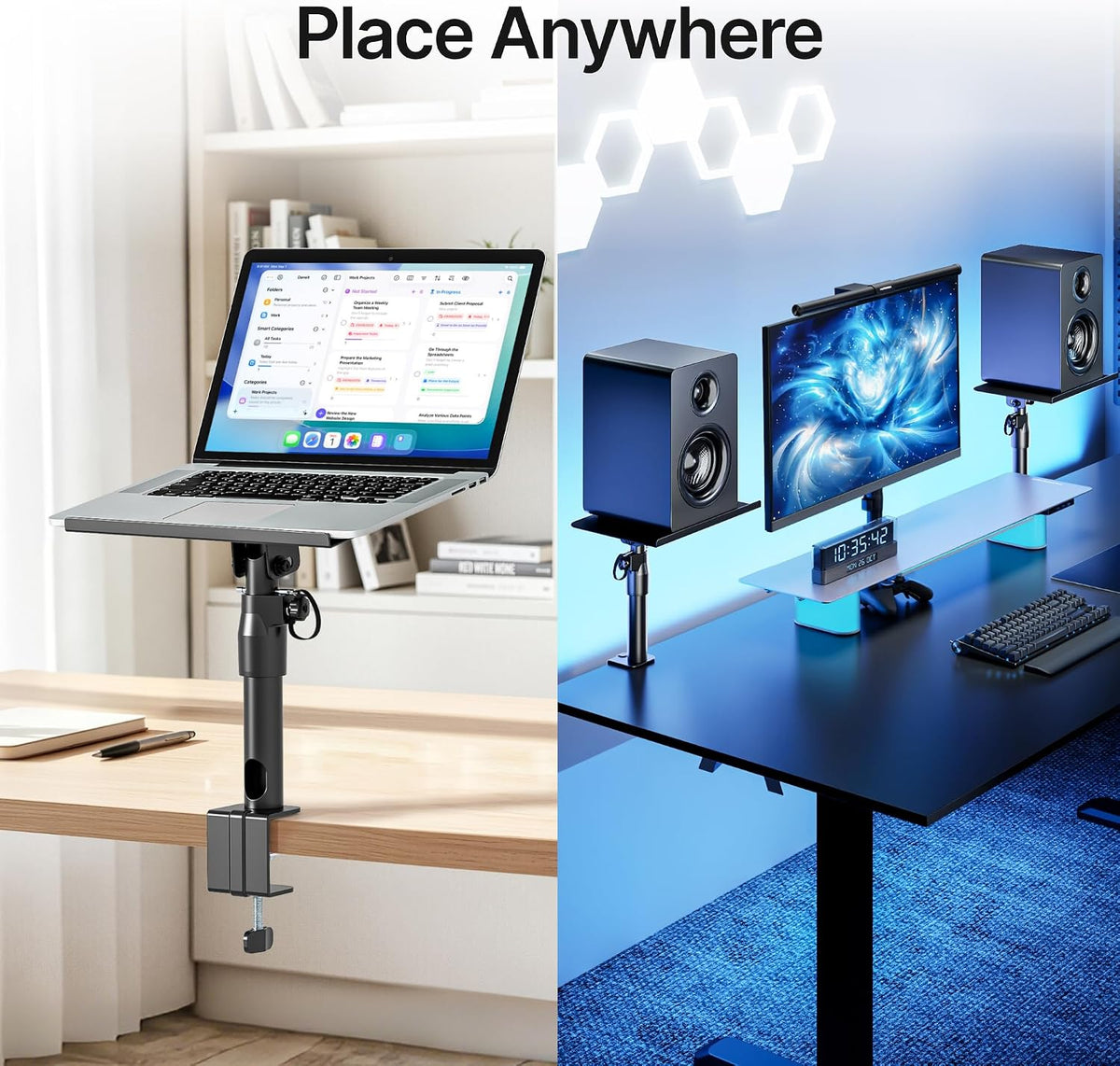 PEGZONE Clamp-on Speaker Stand Pair Heavy-Duty Desktop Speaker Mount Black