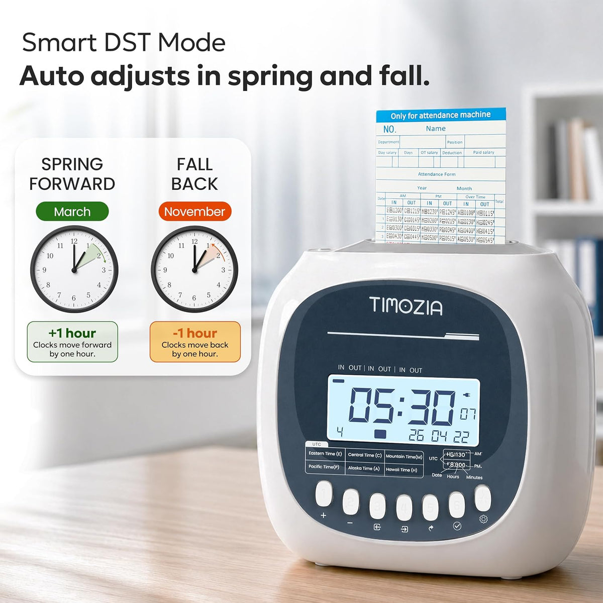 Time Clock for Employees Small Business, 6 U.S. Time Zones, Automatic Daylight Saving & Auto Time Update, Punch Card Time Recorder with 6 Punches Per Day-50 Time Cards and 2 Ribbons (White-3)