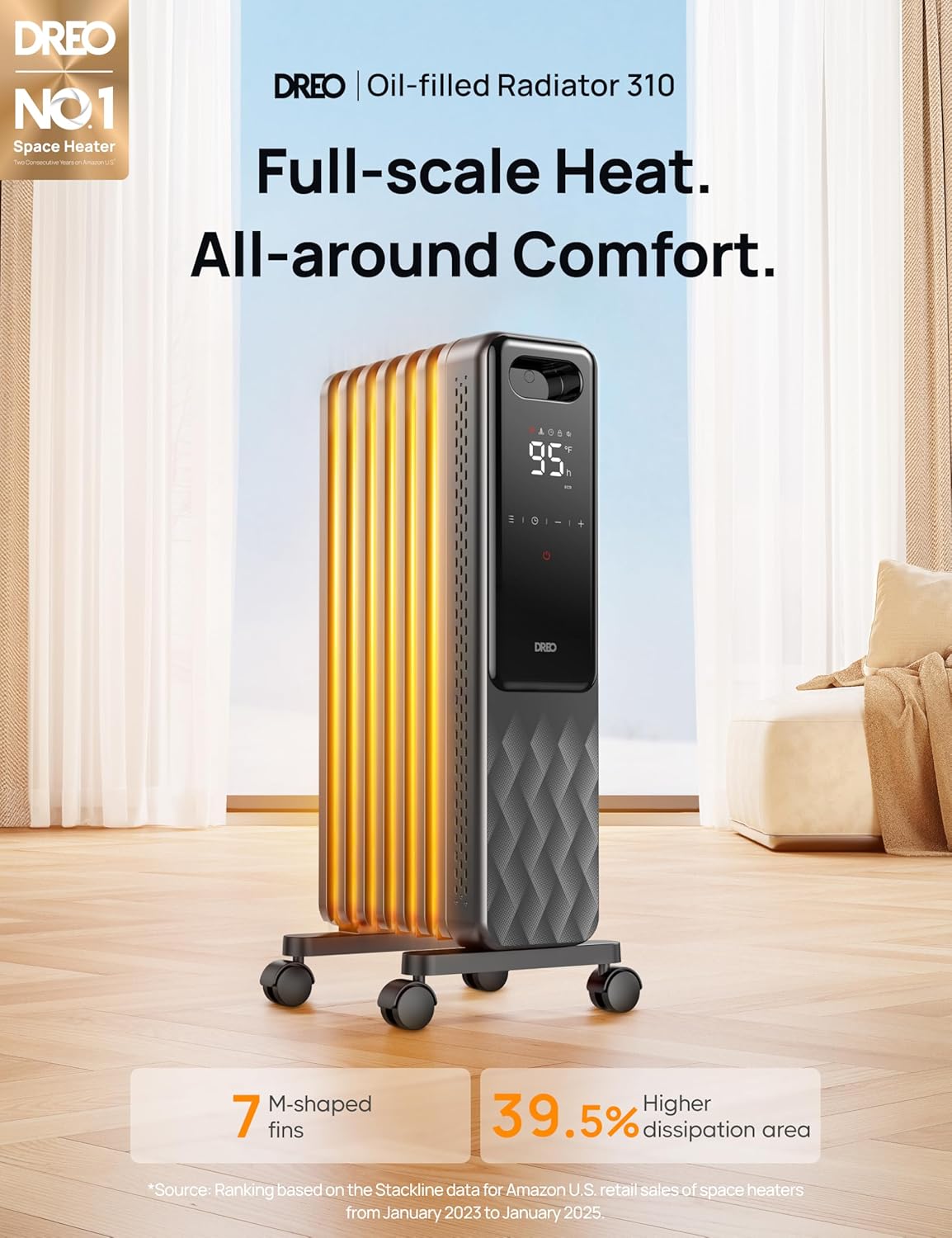 DREO Oil Filled Radiator Heater, Electric Heaters for indoor use Large Room Quiet, Digital Thermostat, ECO, Remote Control, 4 Modes, Child Lock, Overheat & Tip-Over Protection, 24h Timer, 1500W, Grey