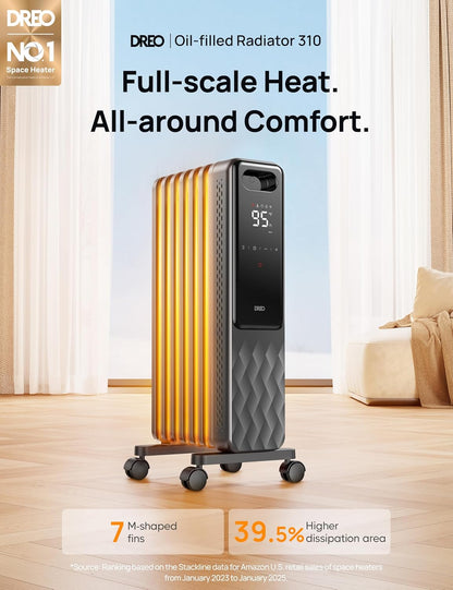 DREO Oil Filled Radiator Heater, Electric Heaters for indoor use Large Room Quiet, Digital Thermostat, ECO, Remote Control, 4 Modes, Child Lock, Overheat & Tip-Over Protection, 24h Timer, 1500W, Grey