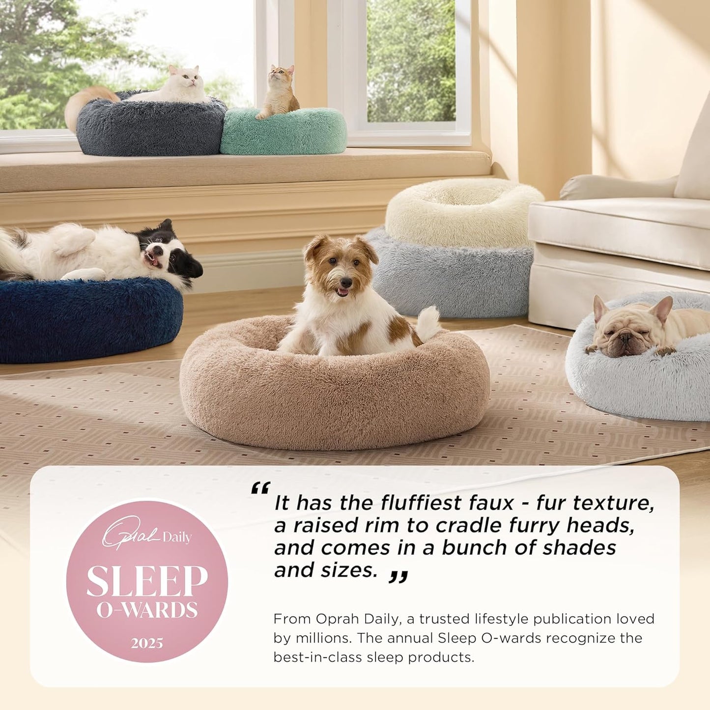 Bedsure Calming Dog Bed Medium Size, 30-Inch Donut Washable Pet Bed, Round Plush Dog Bed with Raised Rim & Non-Skid Bottom, Camel