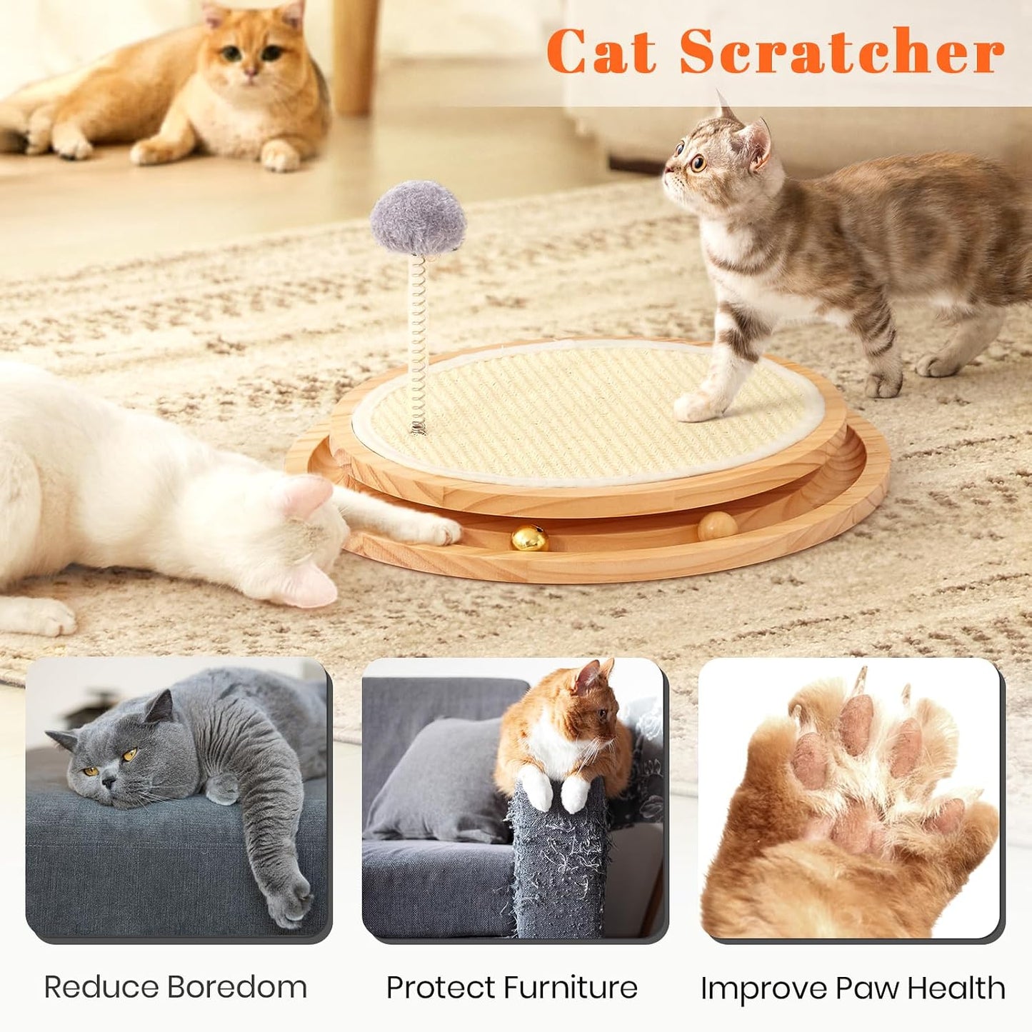 LMUGOOS Cat Scratcher, Natural Sisal Scratching Pad with Interactive Ball Track & Spring Ball Toy, 3-in-1 Cat Scratch Pad for Indoor Cats, Gold