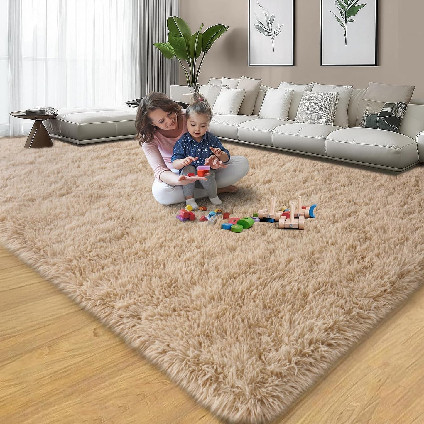 qulint Large Area Rug for Living Room 10x14, Fluffy Tan Rug for Bedroom Shag Shaggy Fuzzy Nursery Carpet, Modern Solid Rug for Boys and Girls Dorm Room Kid Room Classroom Home Decor