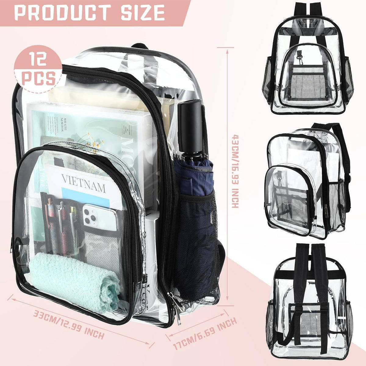 Sadnyy 12-Pack Clear Backpacks, 17-Inch Transparent PVC School Bookbags with Adjustable Shoulder Straps, Multiple Compartments & Side Mesh Pockets, Black
