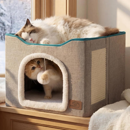 Bedsure Cat House Bed for Indoor Cats, Enclosed Two-Level Cat Cave with Fluffy Hanging Ball and Sisal Scratch Pad, Washable Grey