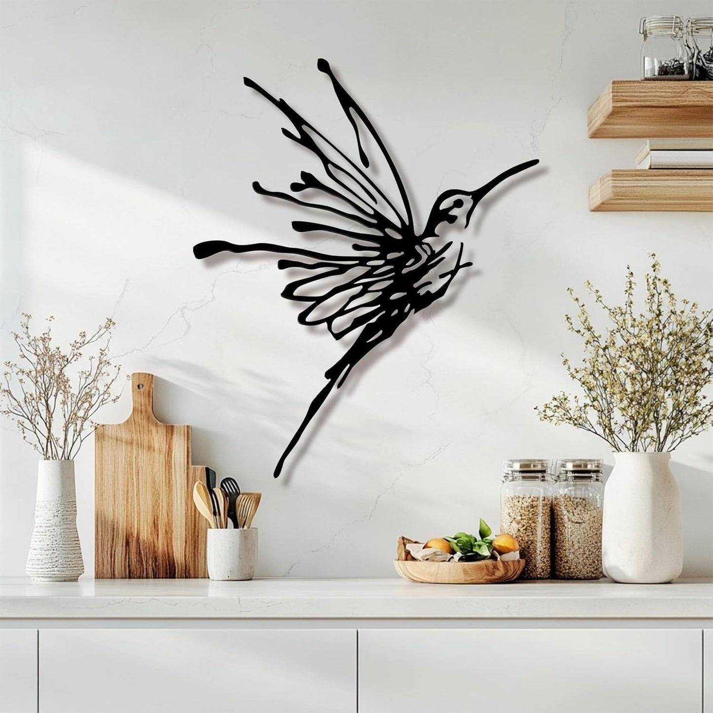 3D Metal Hummingbird Wall Art, Black Outdoor Decor, Waterproof(12.3"x16.5") Stunning 3D black metal hummingbird, weatherproof design, ideal for garden, yard, or balcony wall decoration