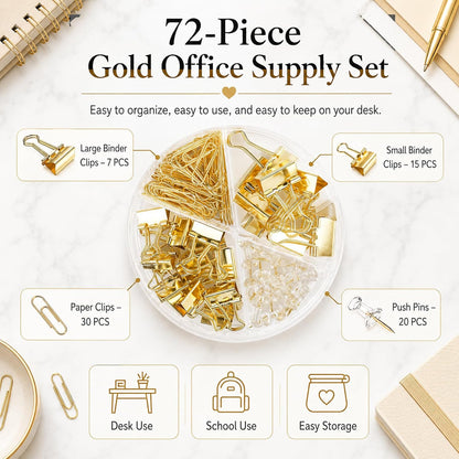 CREECHWA Paper Clips Binder Clips and Push Pin Set, 72-Piece Assorted Size Desk Organizer Kit, Gold