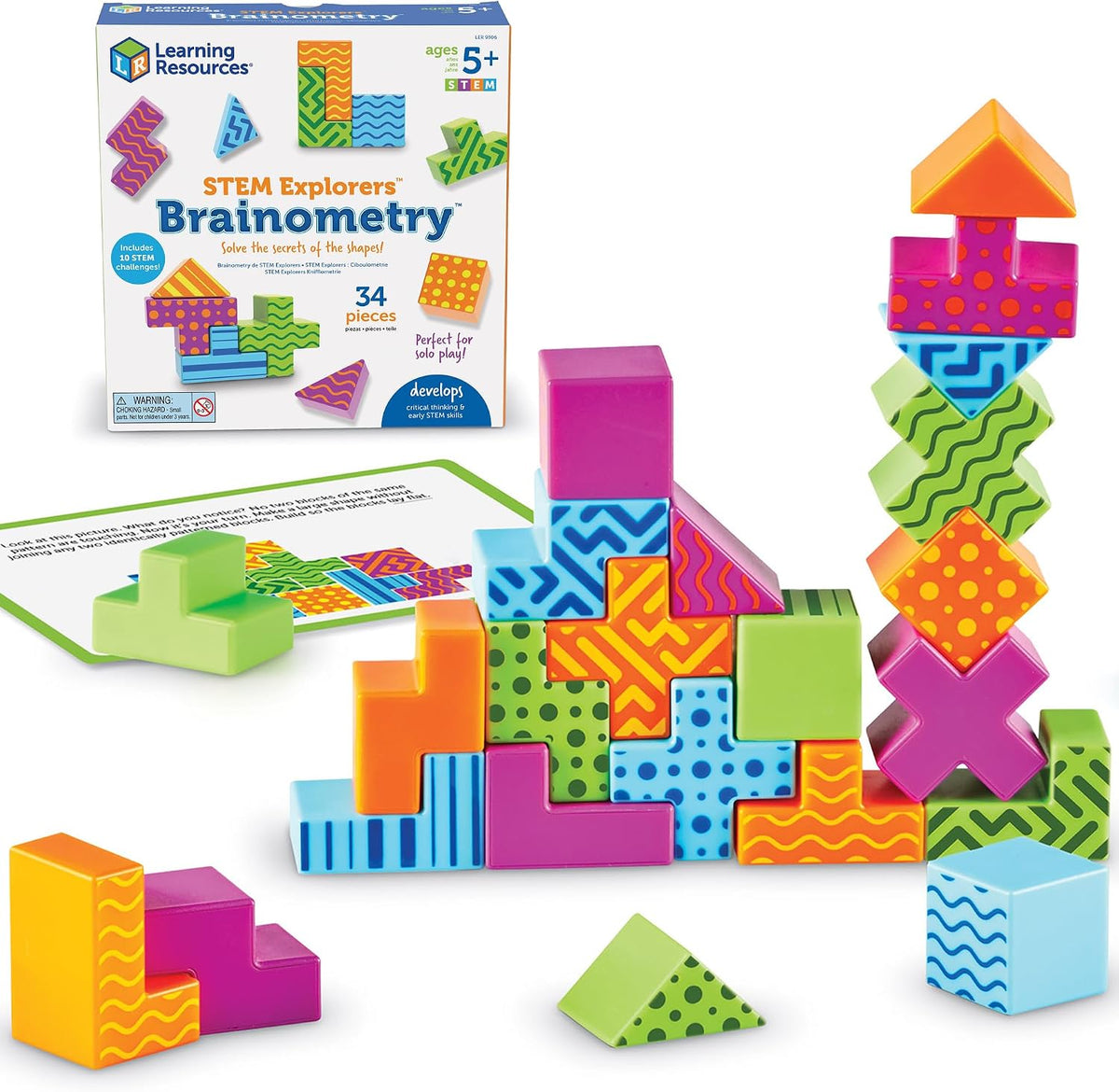 Learning Resources STEM Explorers Brainometry Brain Games, 34-Piece STEM Brain Teaser Puzzle with 10 Challenge Cards, Pattern Matching Logic Game for Kids Ages 5+, Screen-Free Learning Toy