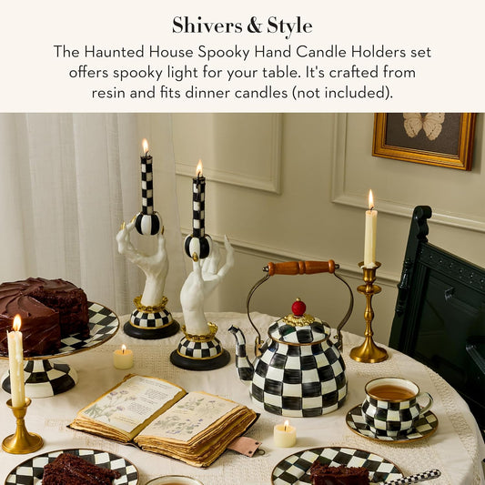 MACKENZIE-CHILDS Resin Haunted House Spooky Hand Candle Holder Set Hand-painted design, decorative fall and Halloween home decor, fits dinner candles, 5.25" W x 10" H, set of 2