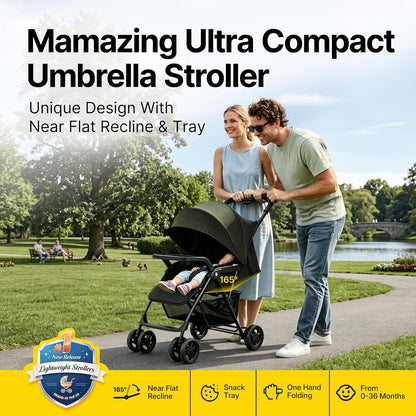 MAMAZING Lightweight Umbrella Travel Stroller with Near-Flat Recline Seat, UPF 50+ Canopy, Child Tray, Forest