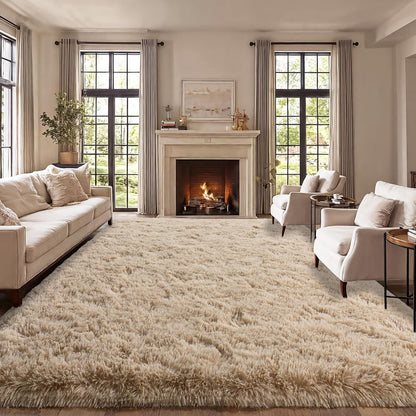 qulint Large Area Rug for Living Room 10x14, Fluffy Tan Rug for Bedroom Shag Shaggy Fuzzy Nursery Carpet, Modern Solid Rug for Boys and Girls Dorm Room Kid Room Classroom Home Decor
