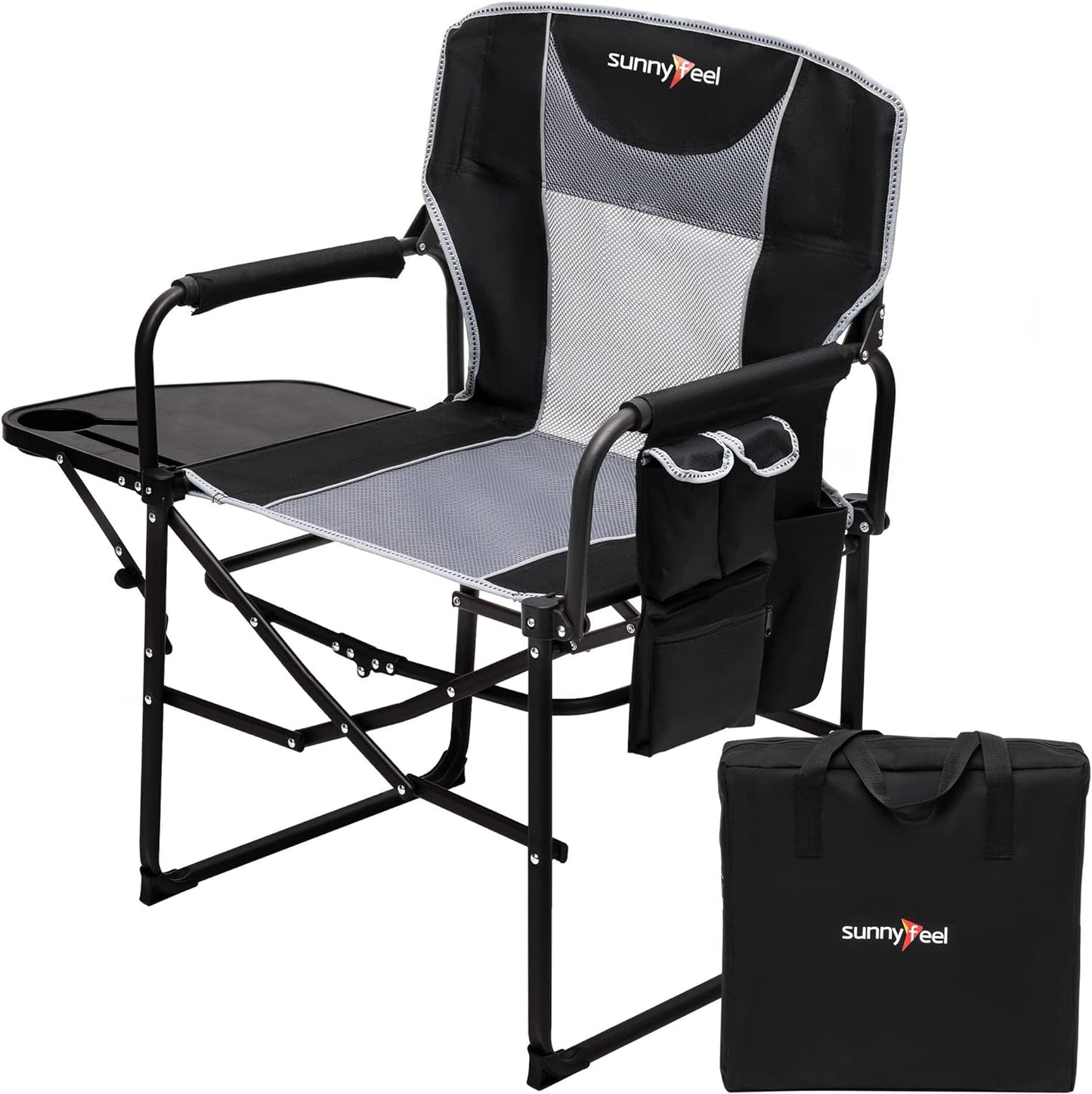 SUNNYFEEL Oversized Camping Chair Portable Directors Chairs with Side Table Heavy Duty Folding Lawn Chair for Adults 300LBS with Compact Size, Breathable Mesh, Pocket & Carry Bag for Outdoor, Lawn, RV