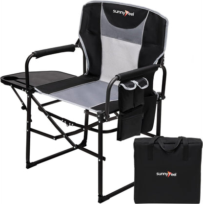 SUNNYFEEL Oversized Camping Chair Portable Directors Chairs with Side Table Heavy Duty Folding Lawn Chair for Adults 300LBS with Compact Size, Breathable Mesh, Pocket & Carry Bag for Outdoor, Lawn, RV