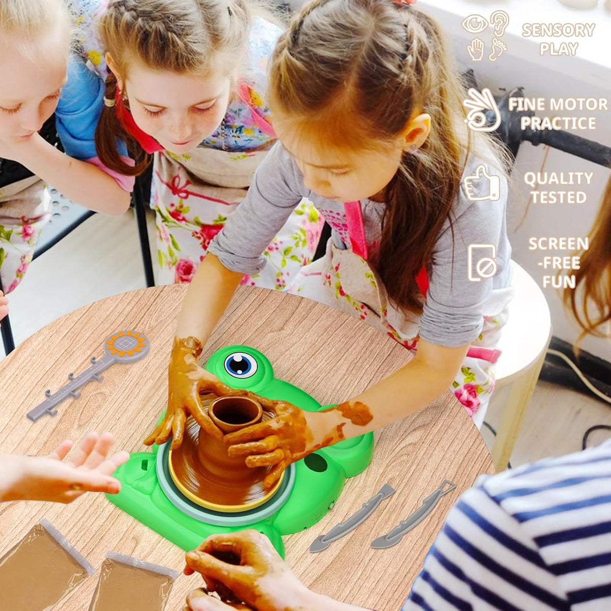 Aujazyble Pottery Wheel for Kids, Complete Pottery Painting Craft Kit with Air-Dry Clay, 12 Paint Colors & Sculpting Tools, Green, Arts & Crafts Toy for Ages 6+
