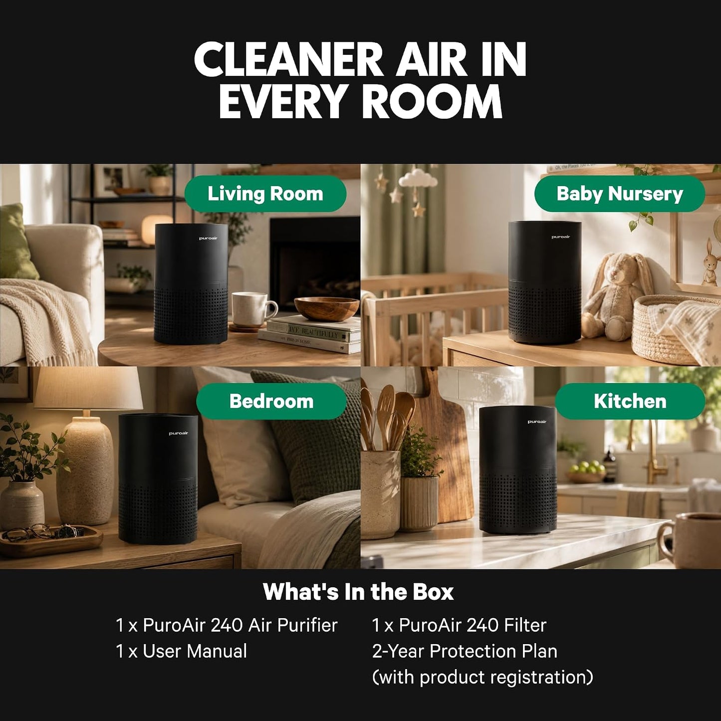 PuroAir 240 HEPA Air Purifiers for Home Pets Bedroom - Filter 1,000 Ft² 3-Layer Air Filter with CarbonTech for Smoke, Odor, Allergies is 500X Stronger - Auto Air Quality Sensor, Quiet Sleep Mode