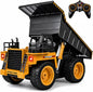 Remote Control Dump Truck Toy, 1:18 Scale 4WD RC Construction Vehicle with Working Dump Bed, LED Lights & Engine Sounds, Rechargeable Battery, All-Terrain Truck for Kids Ages 3–12