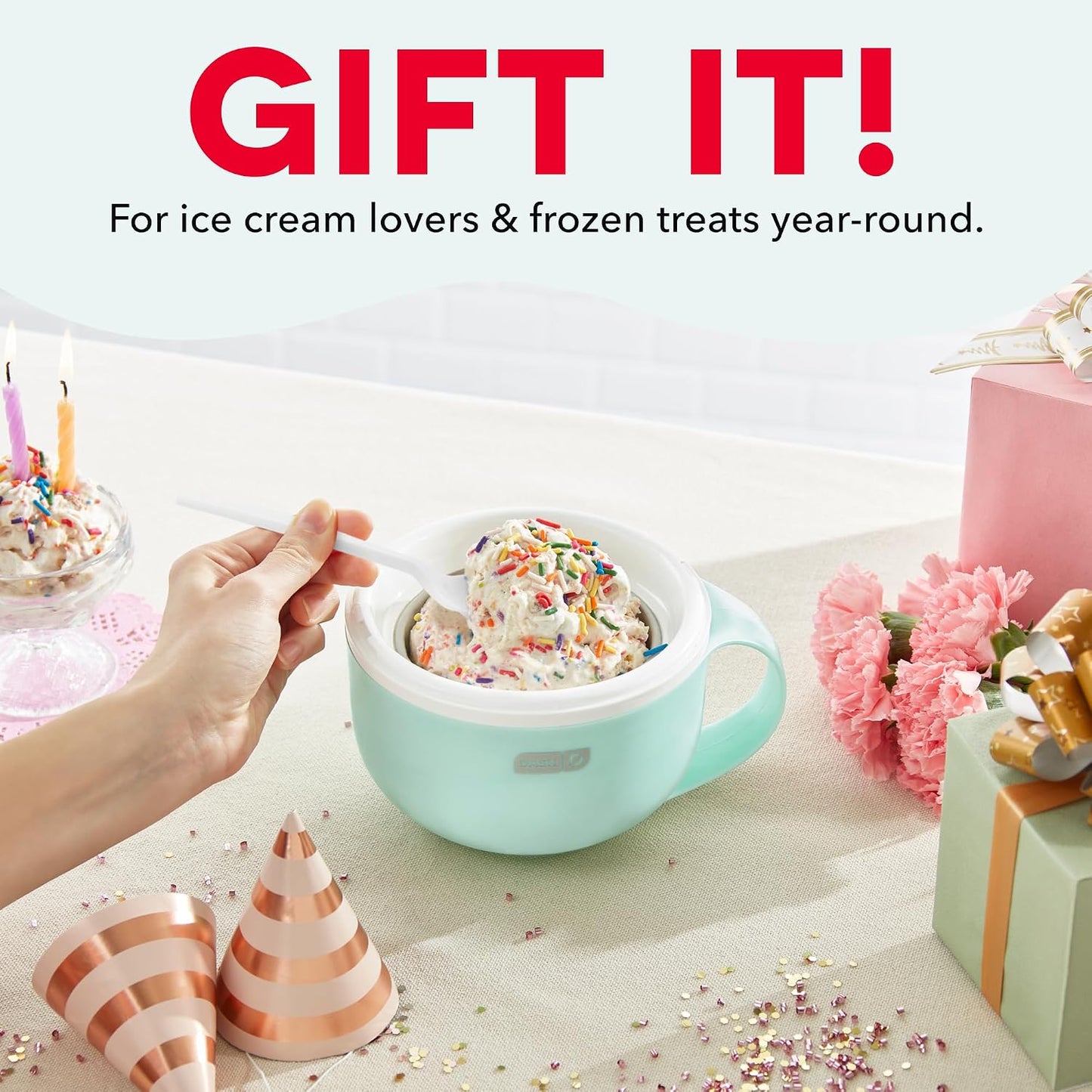 Dash My Mug Ice Cream Maker Bundle, 2 Half-Pint Freezer Mugs, Aqua Electric Soft Serve Ice Cream Machine Set, Ingredient Chute, Single Serve Freezer Bowls, Countertop Frozen Treat Maker