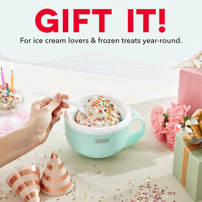 Dash My Mug Ice Cream Maker Bundle, 2 Half-Pint Freezer Mugs, Aqua Electric Soft Serve Ice Cream Machine Set, Ingredient Chute, Single Serve Freezer Bowls, Countertop Frozen Treat Maker