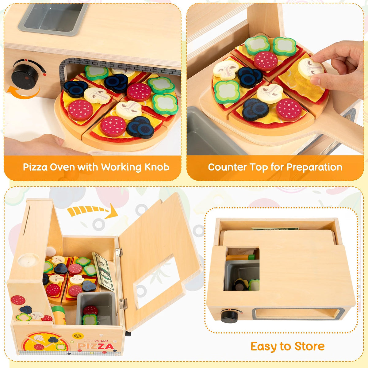 WOODMAM Wooden Pizza Toy, 48-Piece Montessori Pretend Play Food Set with Rotating Pizza Counter & Oven, Play Money & Menu for Kids Ages 3+, Multicolor