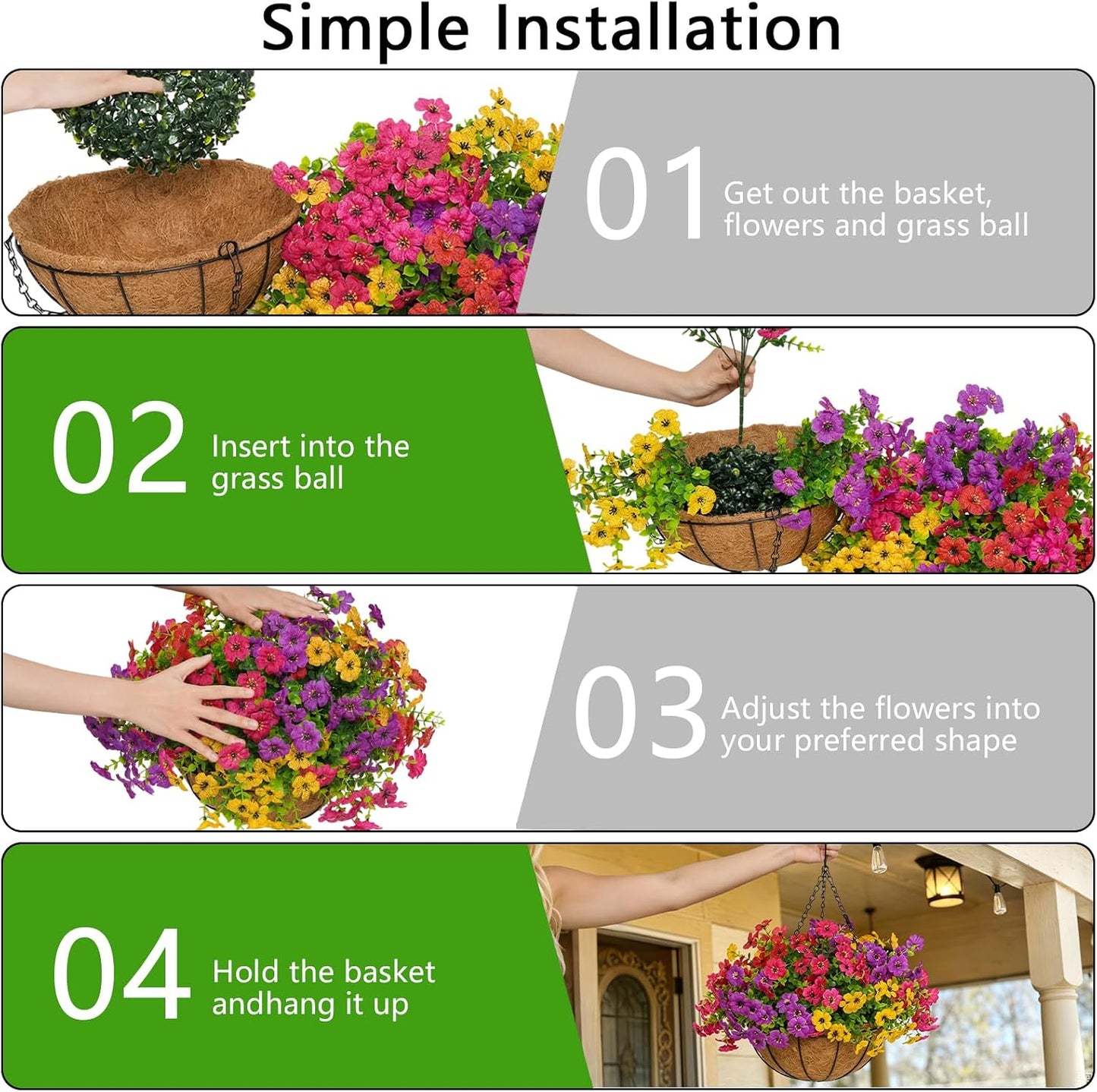 2 Set Artificial Hanging Flowers with Baskets for Outdoor Decor