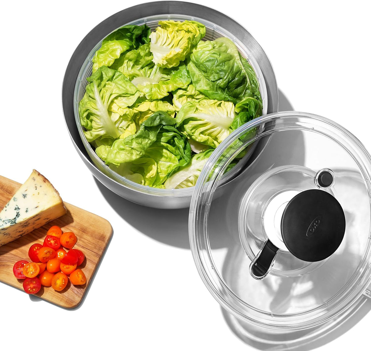 OXO Good Grips Stainless Steel Salad Spinner, Vegetable Washer - 6.22 Qt Spin Dry Produce, Serving and Storage, Non-Slip, One-Handed Pump, Brake Button, Dishwasher Safe, Large-Capacity Bowl
