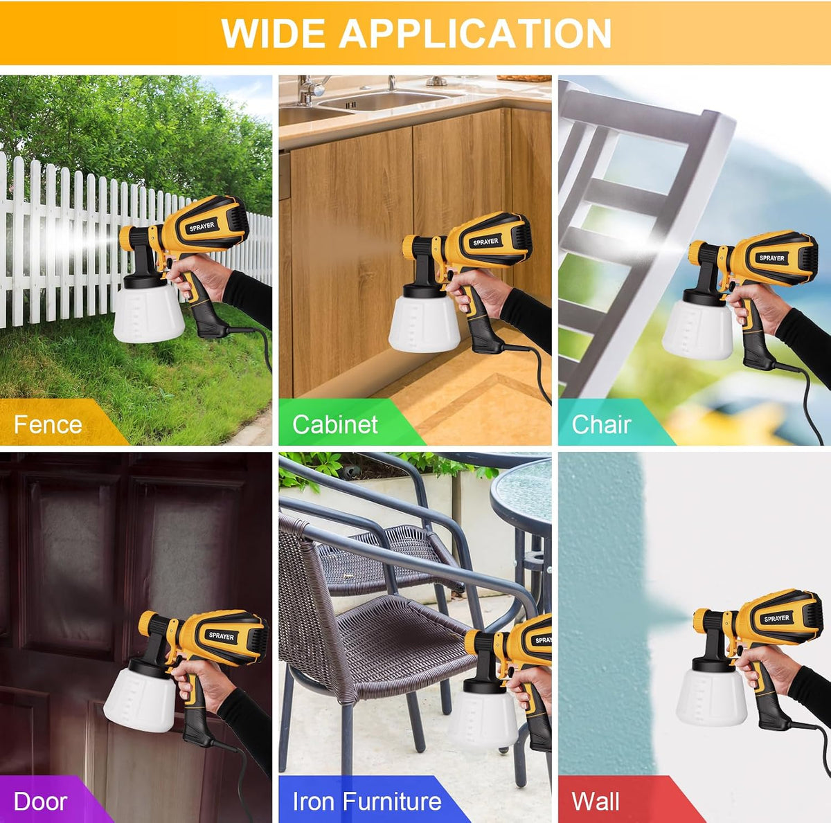 VONFORN Paint Sprayer, 700W Spray Paint Gun with 4 Nozzles & 3 Patterns with Cleaning & Blowing Joints, Easy to Clean, for Furniture, Cabinets, Fence, Walls, Door, Garden Chairs etc. Yellow