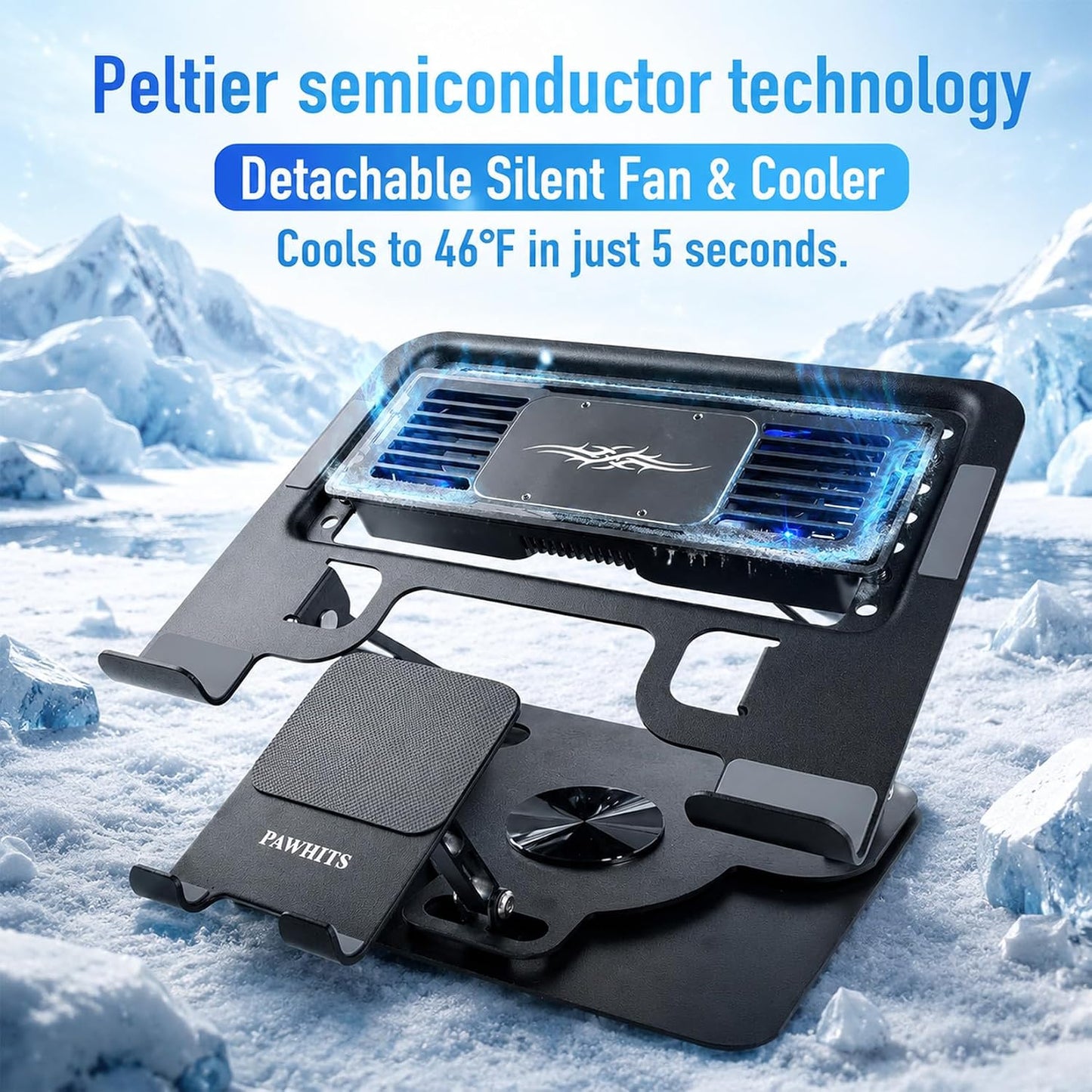 Laptop Cooling Pad with Detachable Fan & Cooler (USB A-C Port) 2-in-1 Adjustable Laptop & Phone Stand, Ultra-Quiet, 360° Rotatable Base, Carbon Steel Framework for Laptops Up to 17 Inch