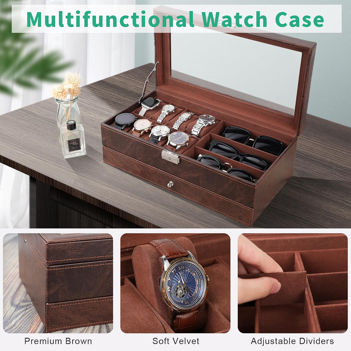 TomCare 2-Tier Watch Box, Large Watch & Jewelry Organizer with Glass Lid, Lockable Display Case with 8 Watch Slots, Glasses & Jewelry Compartments, Brown