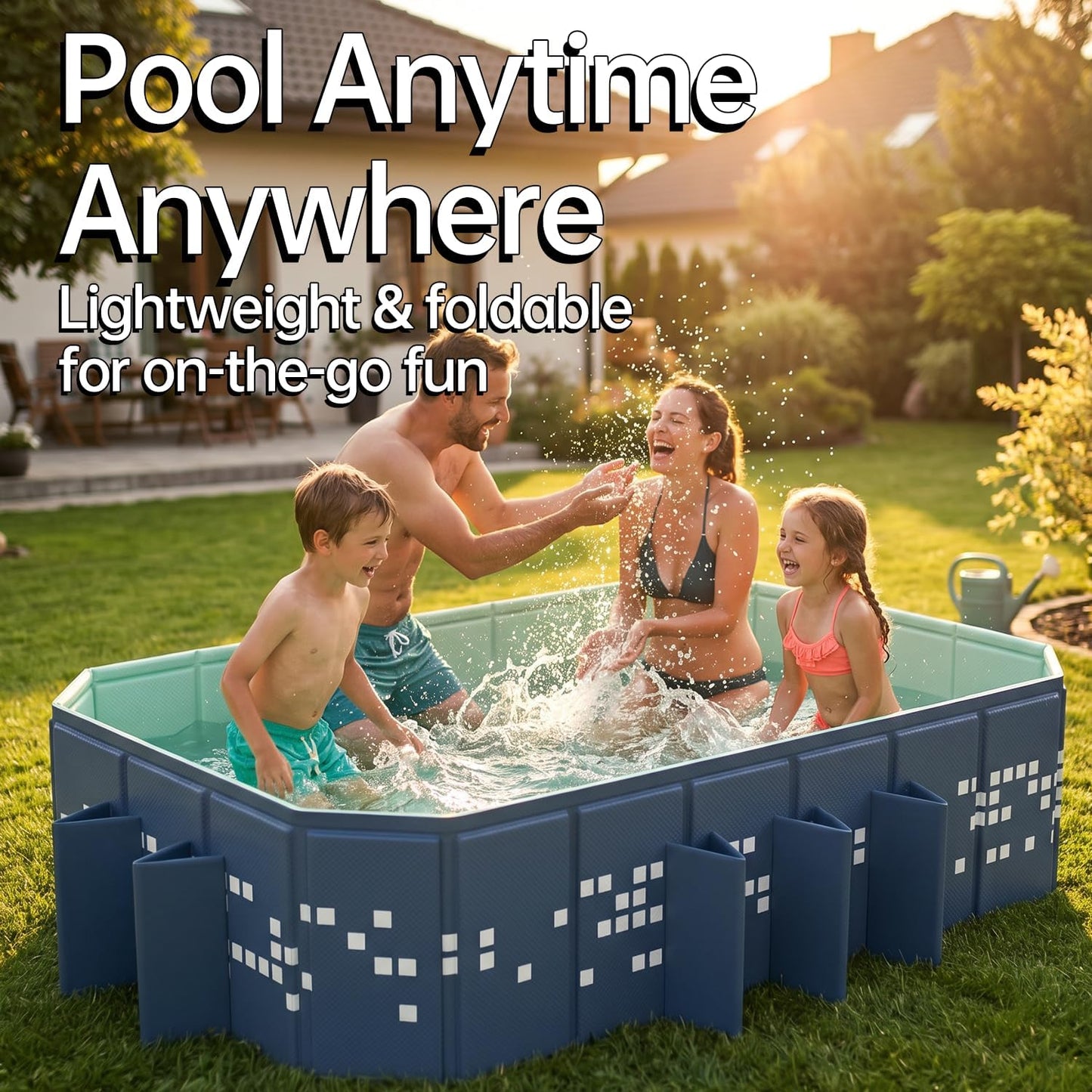Large Foldable Swimming Pool 87 x 53 x 20 Inch, Non-Inflatable Rectangular Pool with Mosaic Design, Anti-Slip Portable Pool for Kids and Adults, Backyard Outdoor Pool