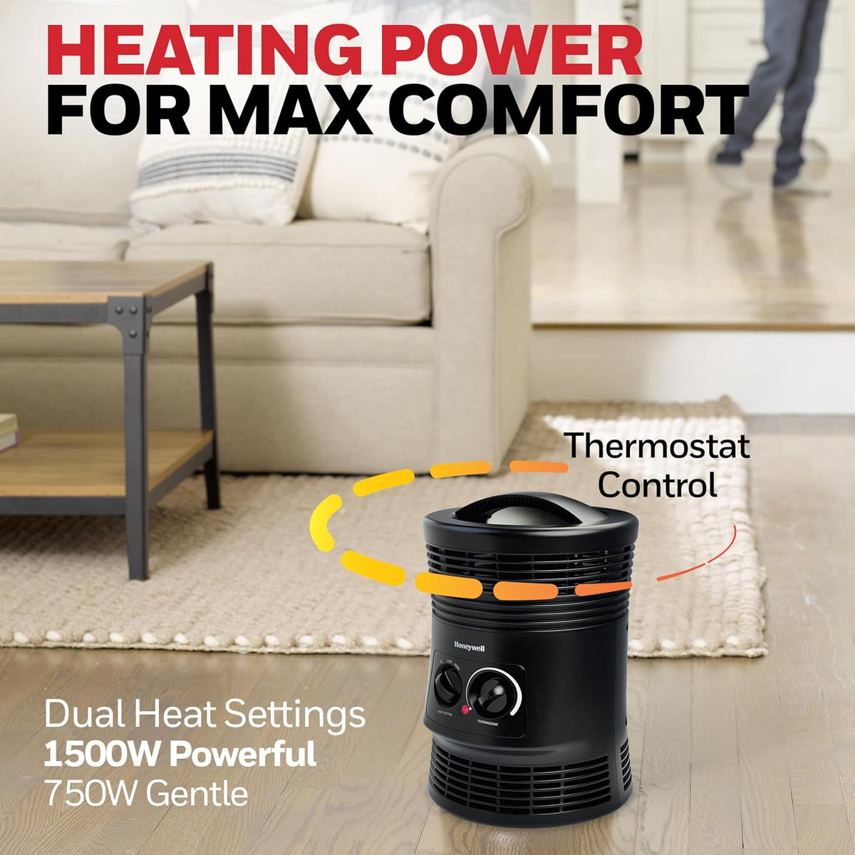 Honeywell HHF360V 360 Degree Surround Fan Forced Heater with Surround Heat Output Charcoal Grey Energy Efficient Portable Heater with Adjustable Thermostat & 2 Heat Settings, Small