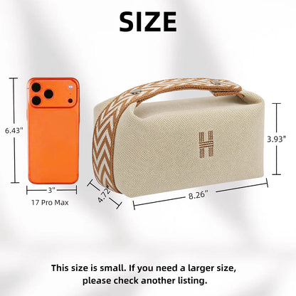 HyperionFlo Essentials Portable Canvas Makeup Bag, Small Toiletry Bag with Zipper, Hanging Loop & Convertible Handles, Beige