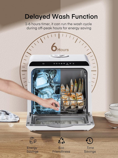 Countertop Dishwasher with Delay Start, 5+1 Wash Programs No Installation Needed, 360° Dual Spray, 167° High-Temp Wash, 5L Built-in Tank
