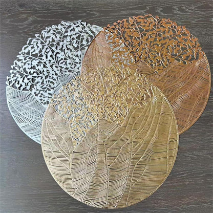 Round Placemats Set of 6, Vinyl Placemats PVC Hollow Out Dining Table Runner Non-Slip Tablemats Waterproof Leaf Shaped Placemats Heat Resistant Pad for Wedding Decoration(Rose Gold)