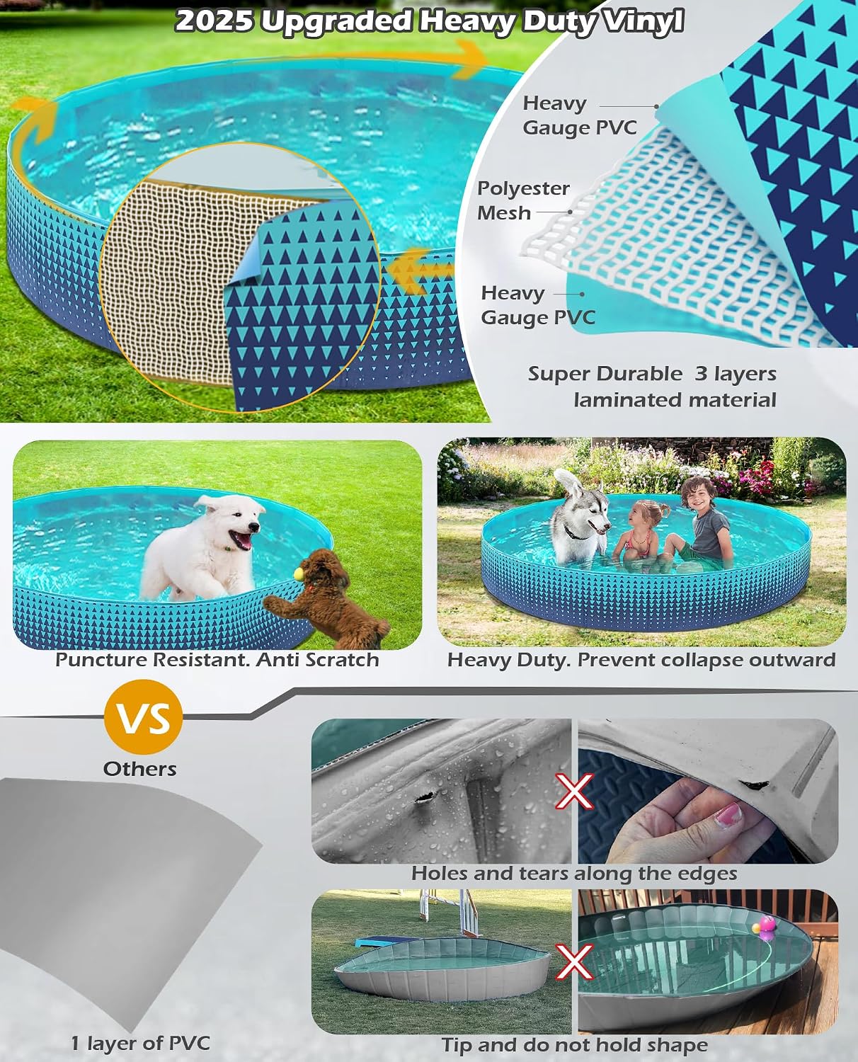 Jasonwell Foldable Dog Kiddie Pool, 63" x 63" x 12", Collapsible Pet Pool & Whelping Box with Anti-Slip Surface, Extra Hose Connector, Green