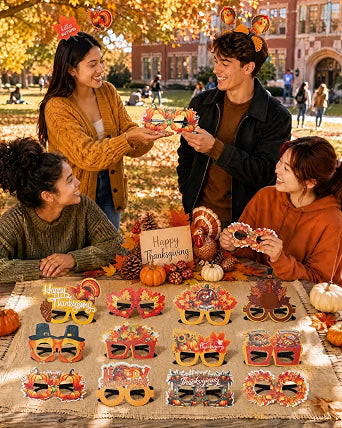 Mega-L 12-Pack Thanksgiving Fall Eyeglasses, Assorted Turkey & Maple Leaf Party Glasses for Adults & Teens, Friendsgiving & Autumn Photo Booth Accessories