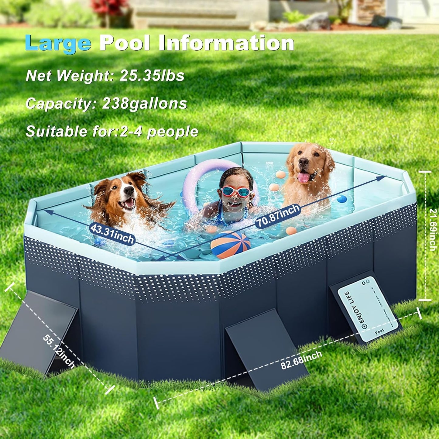 Large Foldable Swimming Kiddie Pool 83" x 55" x 22", Hard Plastic Rectangular Pool for Kids and Dogs, Reinforced Sidewalls, Portable Non-Inflatable Pool with Drain Hole for Backyard and Outdoor Use, Blue