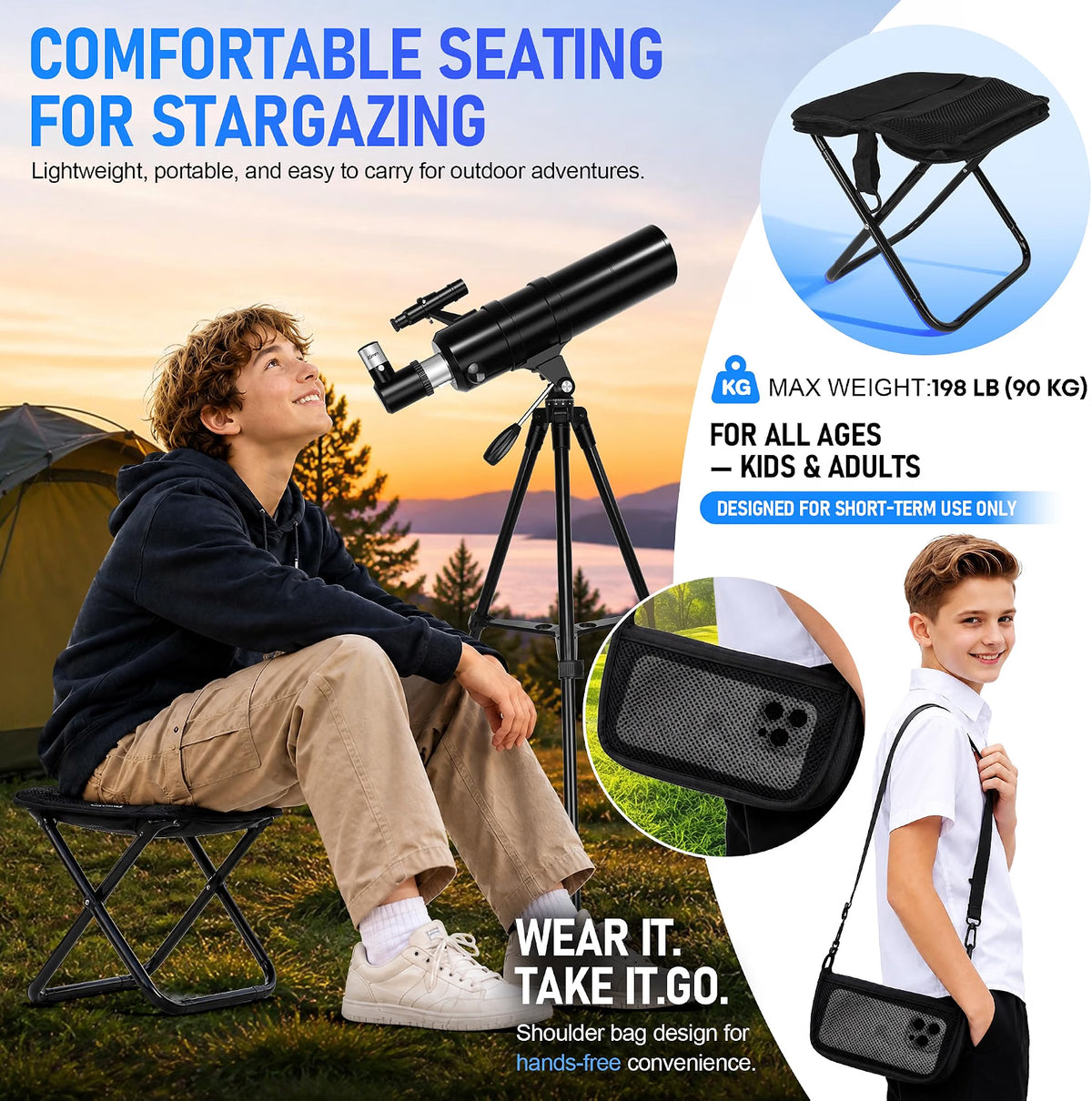 Feicosky 90mm Aperture 600mm Refractor Telescope for Adults & Kids, 24X–180X High Power Astronomy Telescope with Adjustable Tripod, Folding Stool, Phone Adapter & Carry Bag