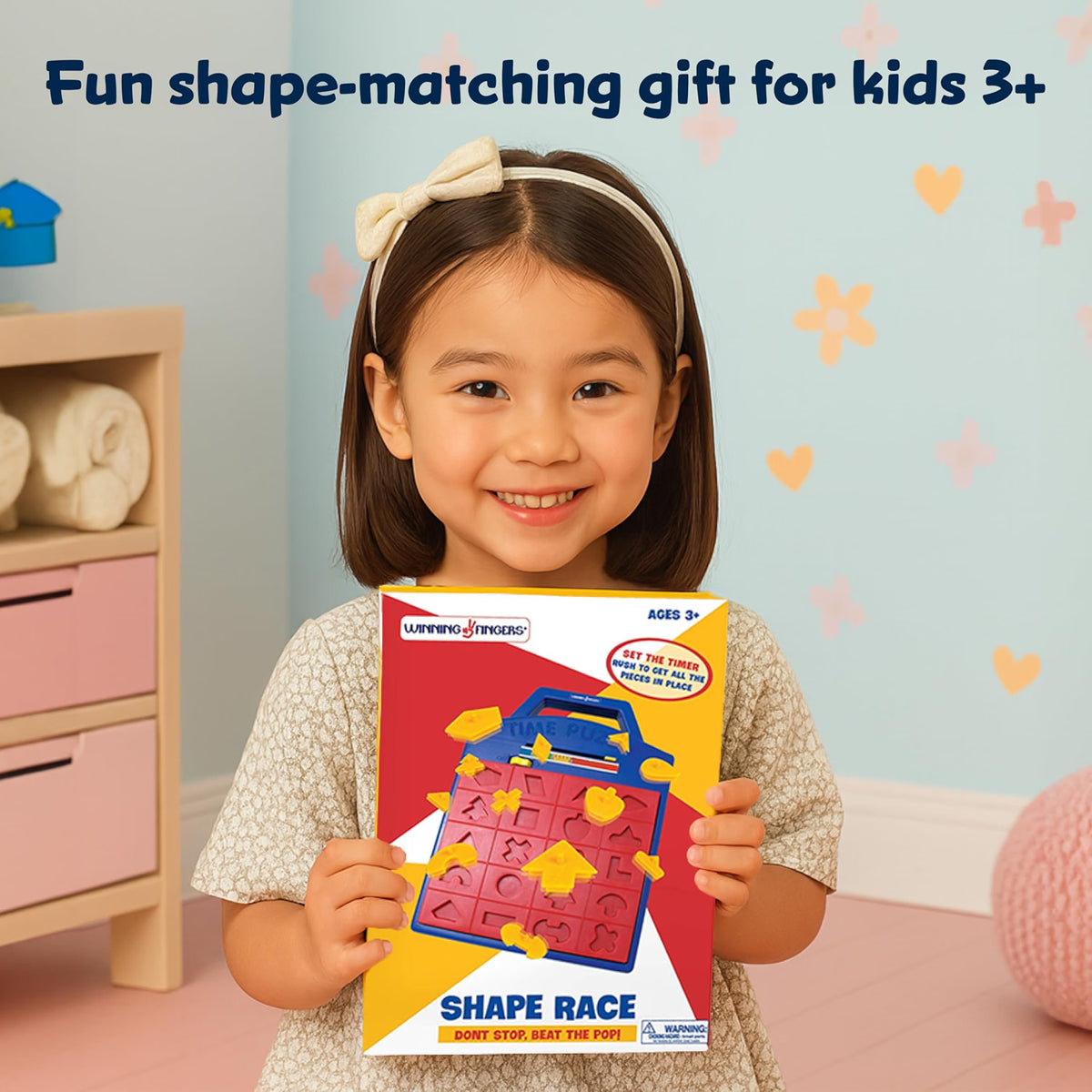 Winning Fingers Shape Toy Puzzle Game, Pop-Up Board Game with Shape Puzzles, 2-Player Matching & Concentration Game for Kids Ages 3+, Blue