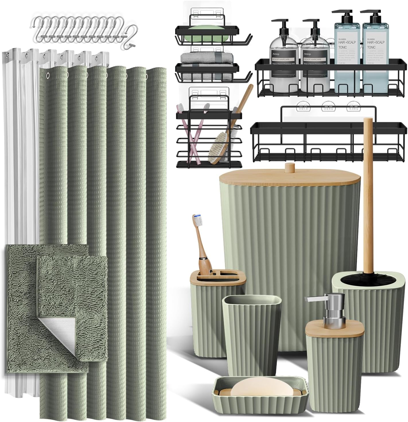 Clara Clark Bathroom Accessories Set - 27PC Bathroom Set with Adhesive Corner Shower Caddy Hanging, Bathroom Sets with Shower Curtain and Rugs, Sage Green Shower Curtain Set with Bathroom Trash Can