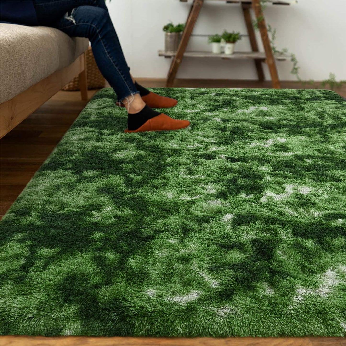 DweIke Fluffy Dark Green Rugs for Bedroom Living Room, 6x9 Large Soft Plush Shaggy Tie-Dyed Forest Moss Green Girls Boys Kids Rug, Non-Slip and Machine Washable Carpet for Dorm Nursery Decor