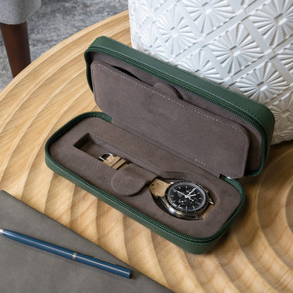 HOUSEOFHIGGINS Double Travel Watch Case for 2 Watches, 100% Saffiano Leather with Soft Microfiber Lining, Slim Watch Storage Organizer, Fits Watches up to 46mm, Green